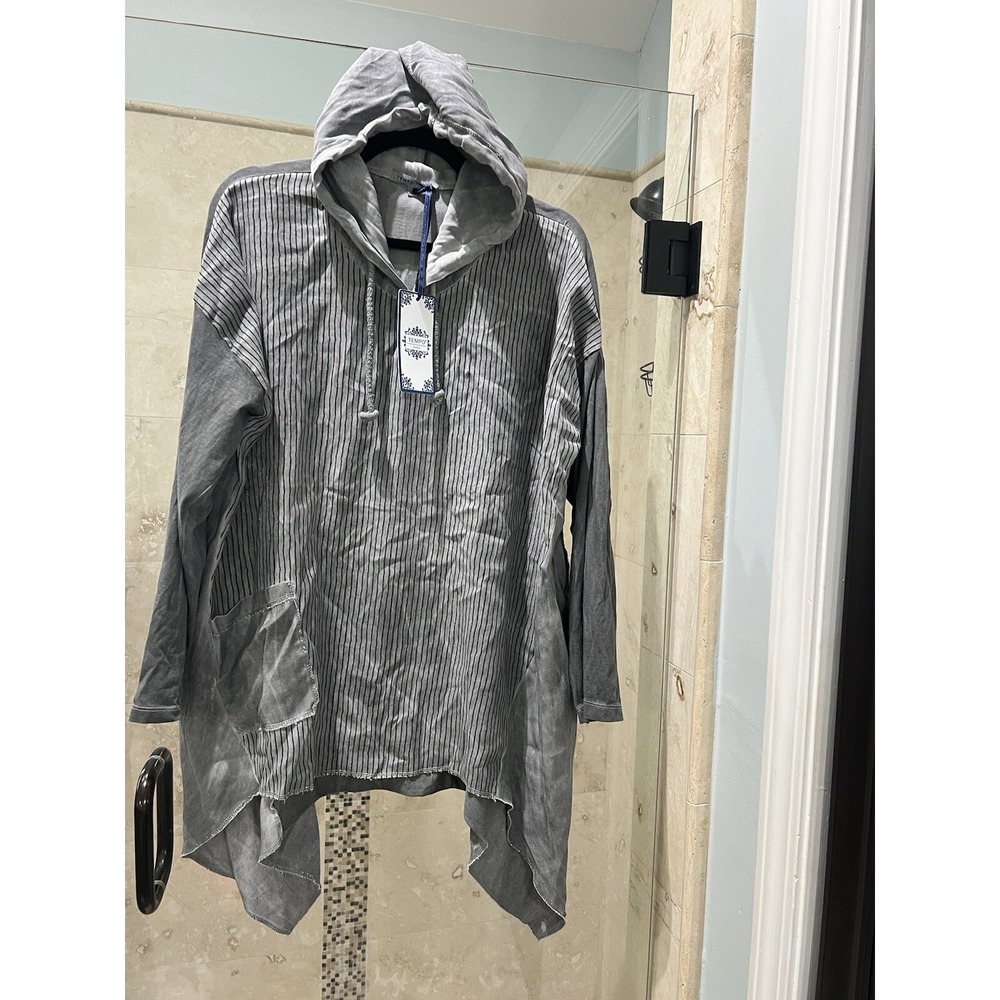 NWT Tempo Paris Metallic Gray Silk Blend Asymmetrical Hoodie Blouse M/L